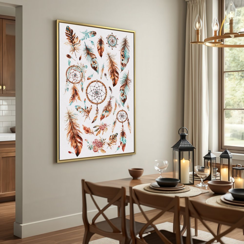 Canvas Print featuring watercolor feathers and dreamcatchers in warm earth tones. Boho wall art for your home!