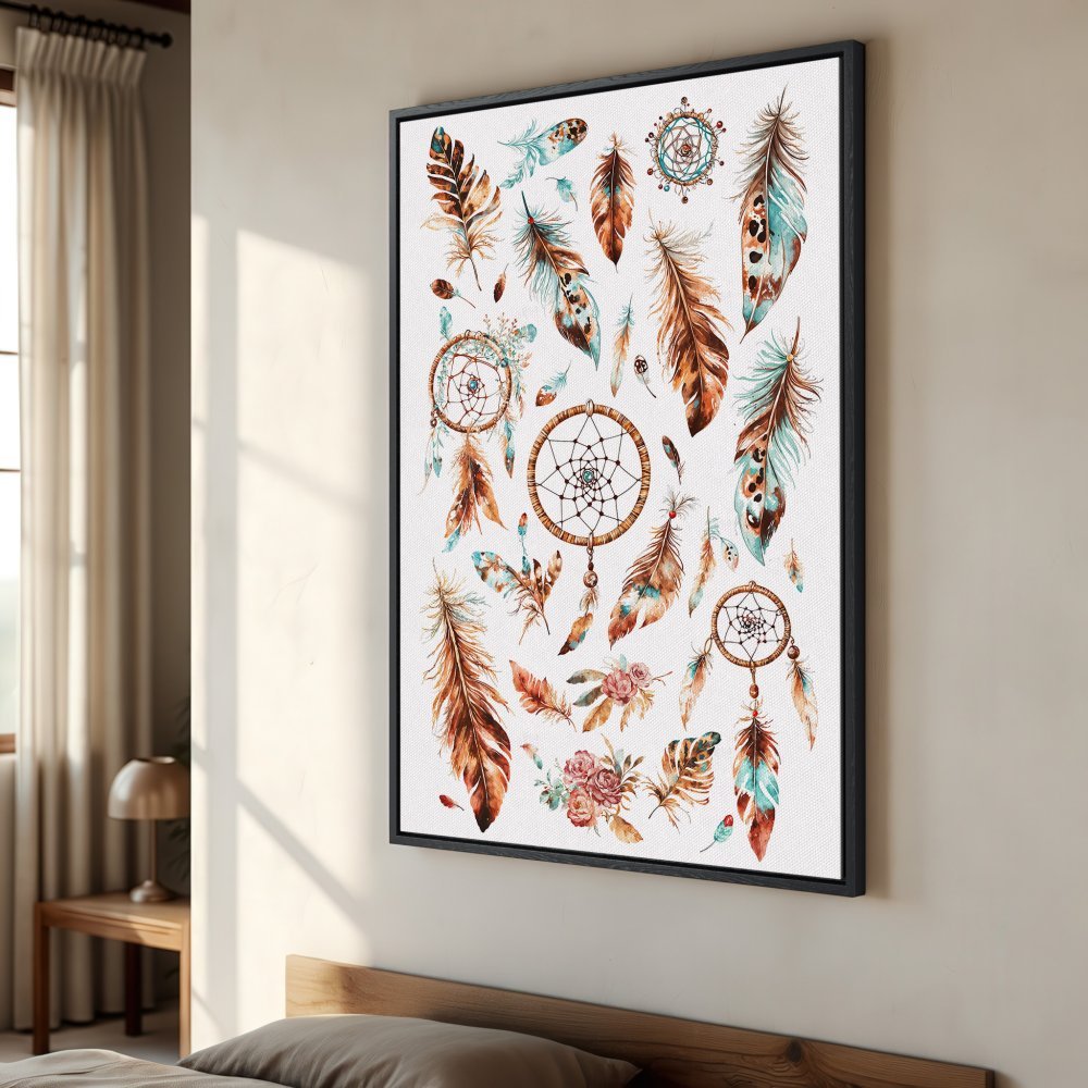 Framed Wall Art: Boho dreamcatcher & feather design. Earthy tones & watercolor style. Perfect for bedroom decor. Canvas Print.