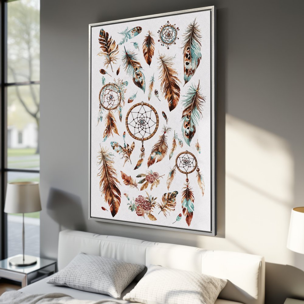 Framed Wall Art: Bohemian feather and dreamcatcher design in warm brown and teal tones. Perfect for adding a touch of boho style to your home.