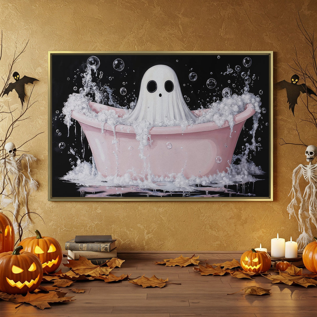 Halloween Canvas Print featuring a ghost in a bathtub, with a spooky, playful style and a black, orange, and pink color palette. Perfect for seasonal decor!