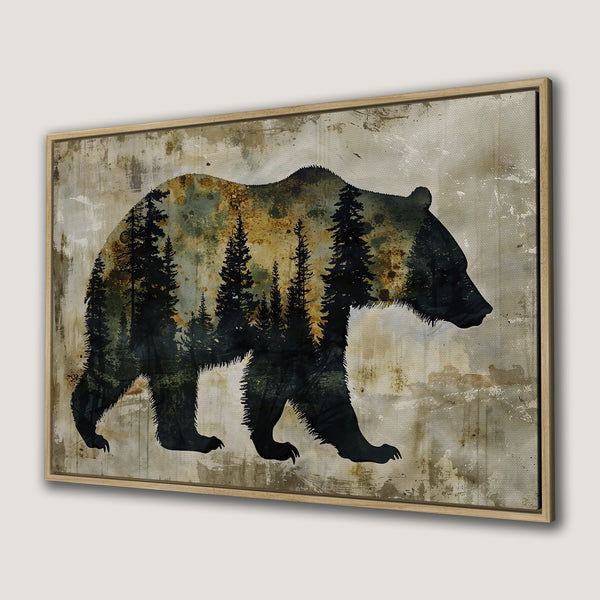 Framed Wall Art featuring a bear silhouette with a forest overlay. Rustic style with a muted green, brown, and black color palette. Perfect for nature lovers.