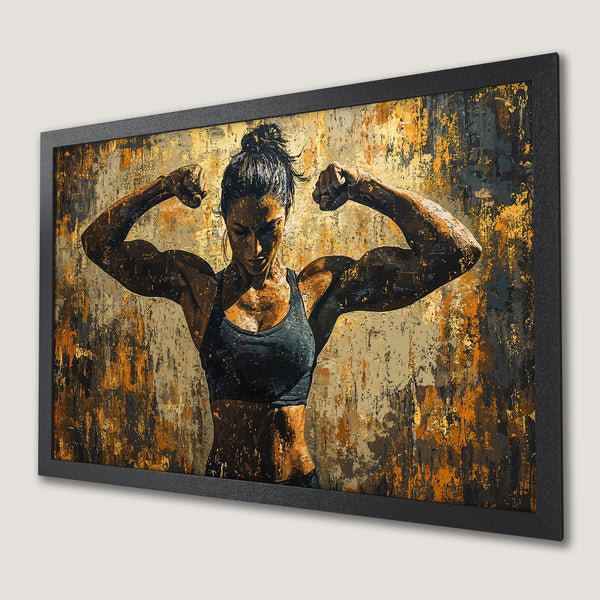 Framed Poster of a muscular woman flexing, abstract style, gold & brown palette. Perfect for gym decor.