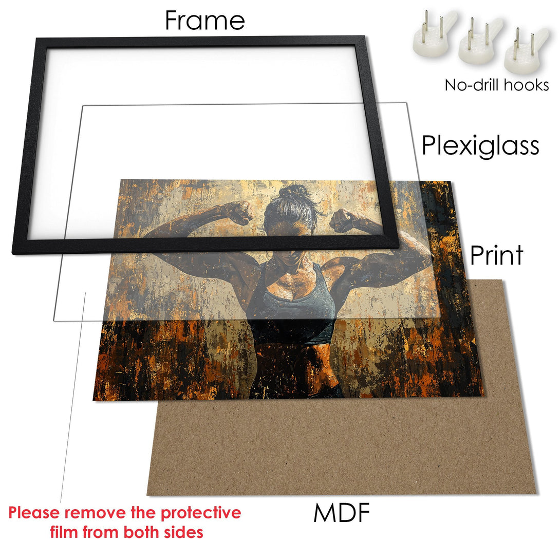 Framed Poster featuring a strong woman in a textured, abstract style. Earthy tones of brown, gold, and black. Perfect for your home gym!