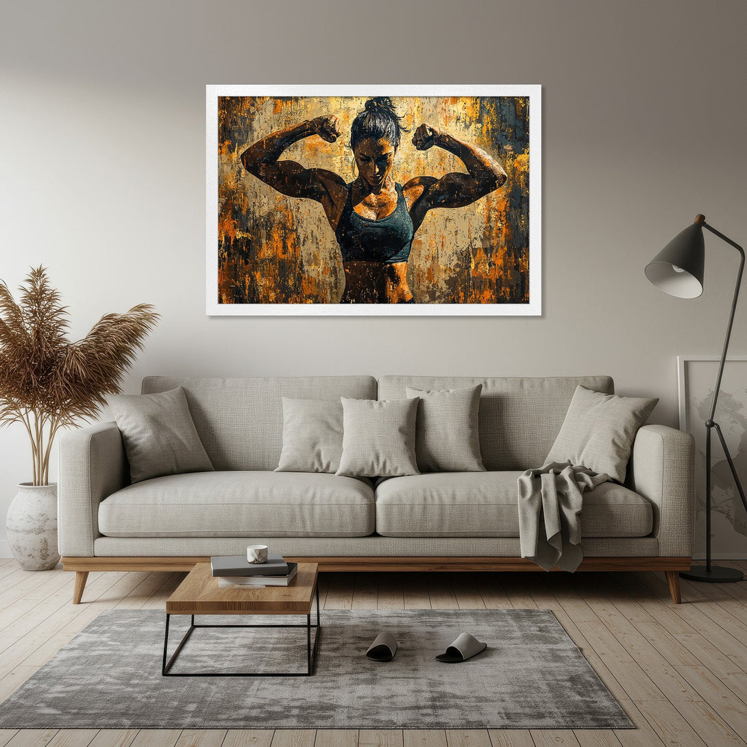 Framed Poster of a strong woman flexing, abstract style, with a warm, earthy color palette. Inspiring wall art for your space!