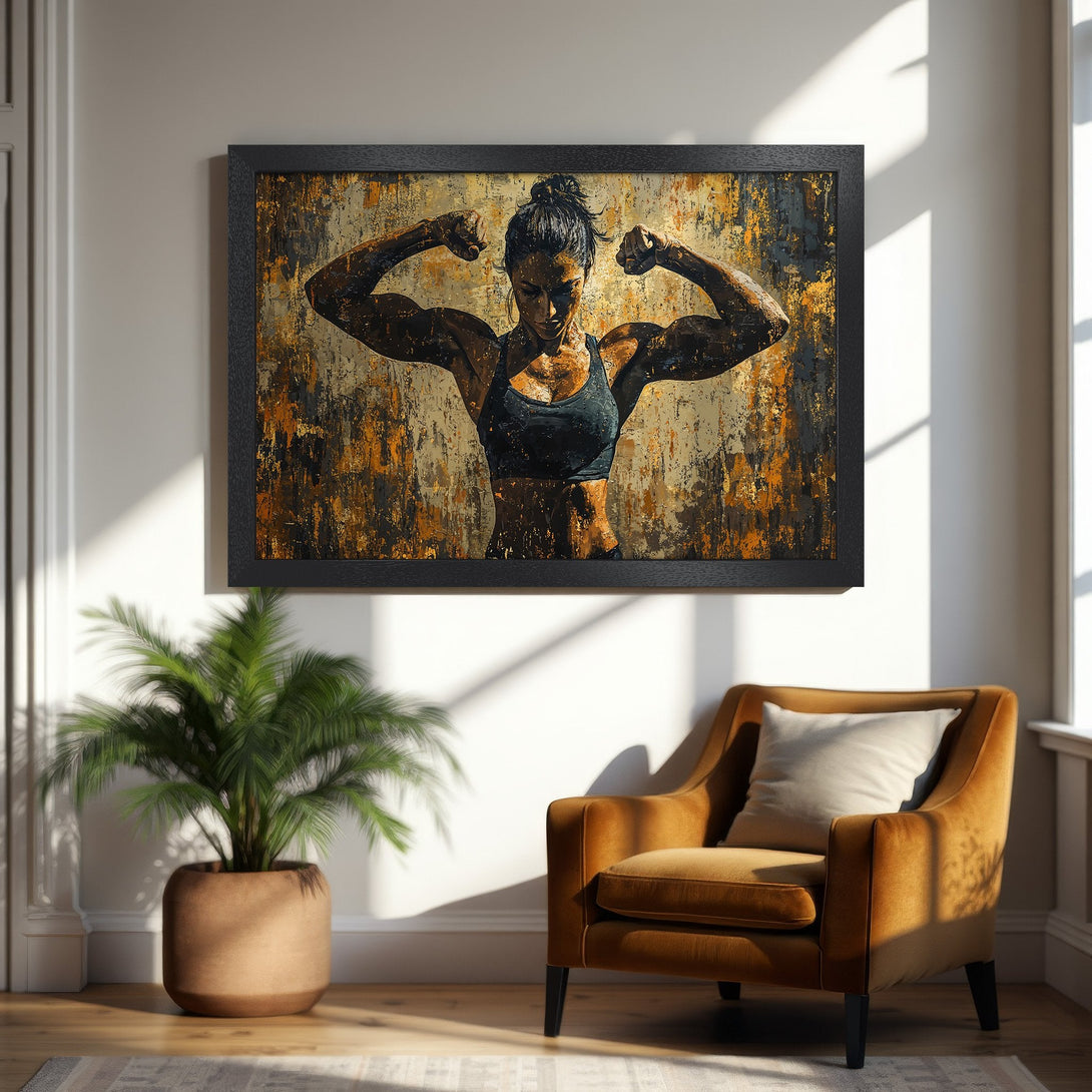 Framed Poster featuring a strong woman flexing, abstract style, with a warm, earthy color palette. Perfect for home decor!