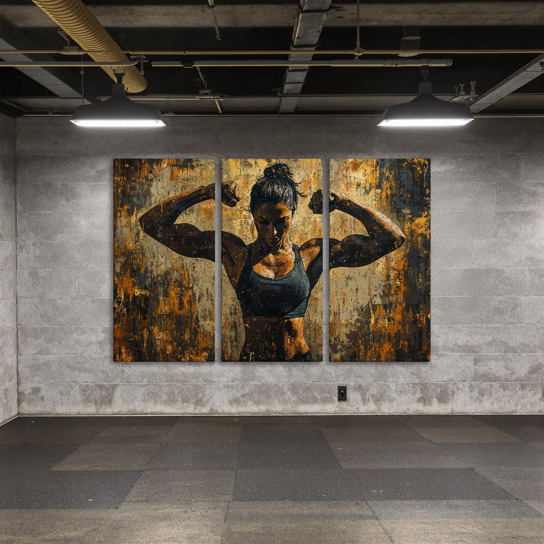 Canvas Print of a strong woman flexing, abstract style, with a black, gold, and brown color palette. Perfect for a gym or home decor.