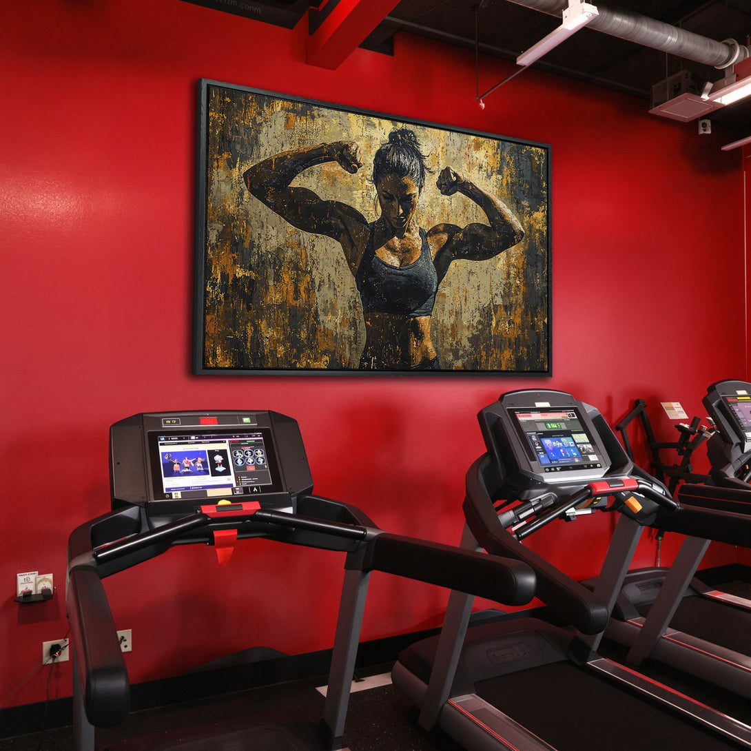 Framed Wall Art: Powerful female fitness art in a gym setting. Abstract style with gold, black & red color palette. Elevate your space with motivational art.