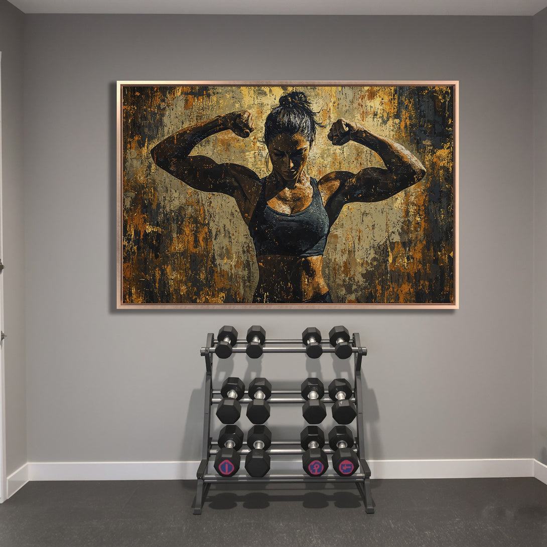 Framed Wall Art: Powerful female bodybuilder flexing. Abstract style with gold, black, and brown tones. Perfect for gym or home decor.