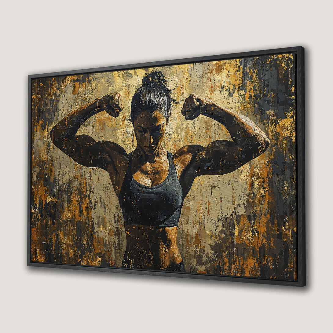 Framed Wall Art of a strong woman flexing. Abstract style with gold, black, and brown tones. Perfect for home gym or modern decor.