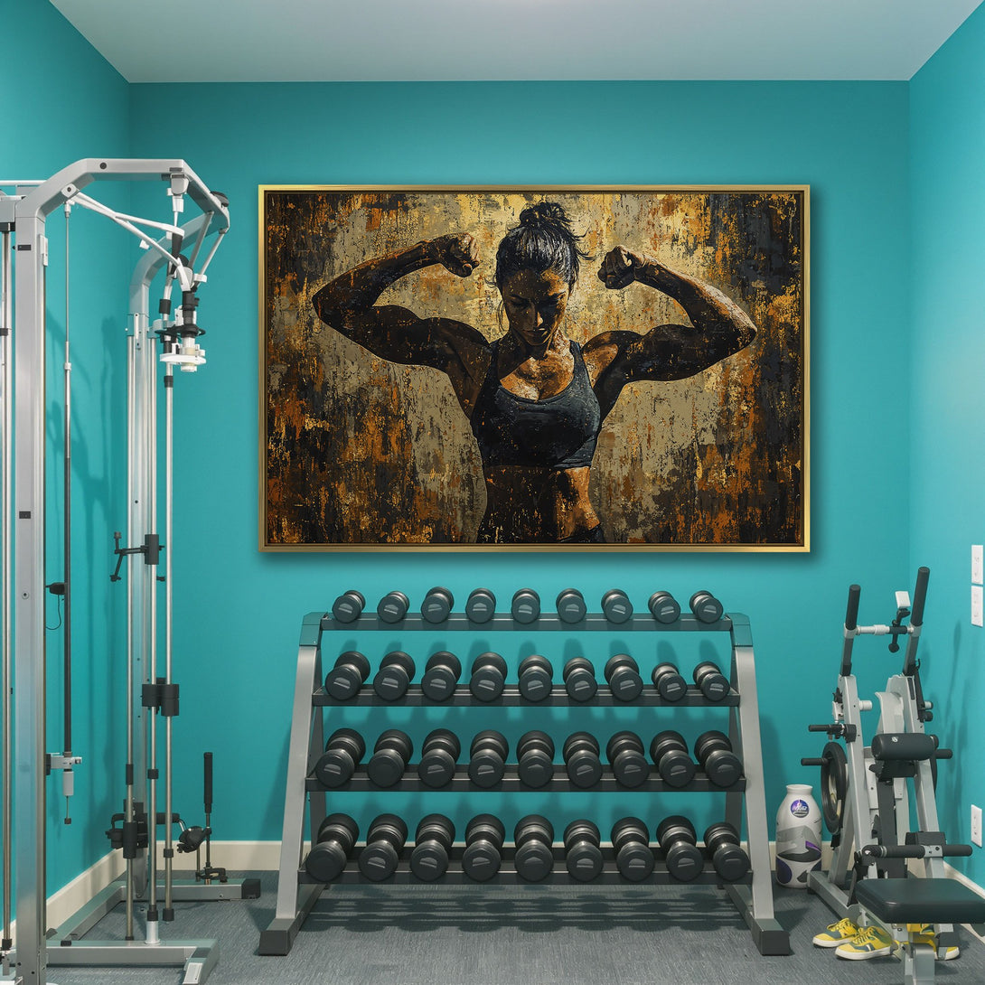 Canvas Print of a strong woman flexing, abstract style with warm gold and black tones, perfect for a gym or home decor.