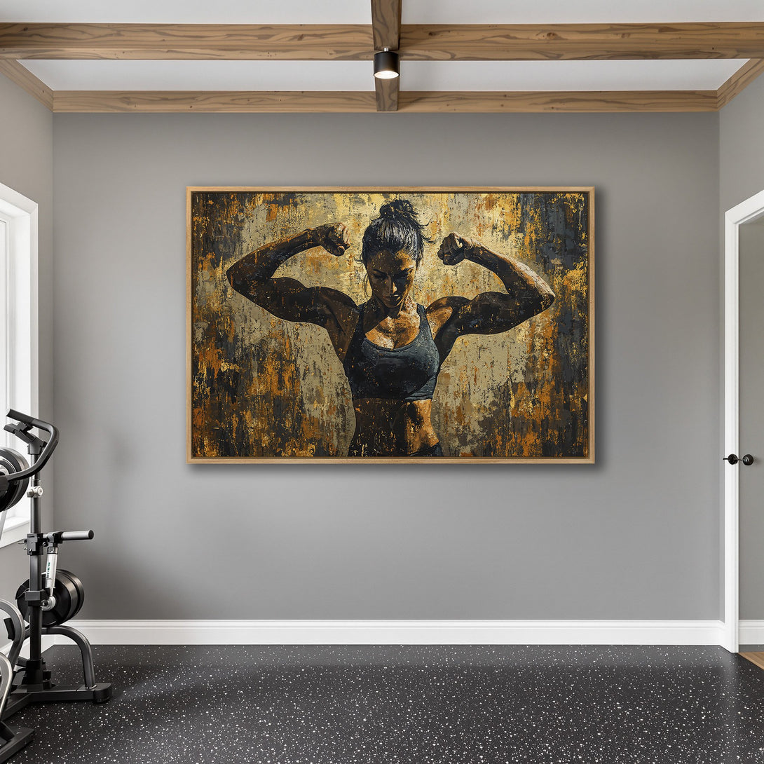 Framed Wall Art featuring a powerful female bodybuilder in an abstract, gold and black color palette. Elevate your space with this stunning Canvas Print.