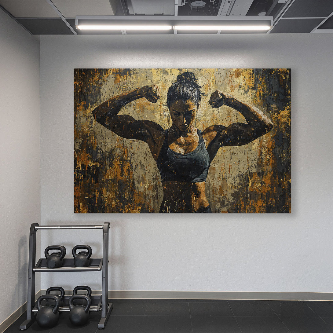 Framed Wall Art of a strong woman flexing, in a gym setting. Abstract style with a gold, black, and brown color palette. Perfect for home gyms!