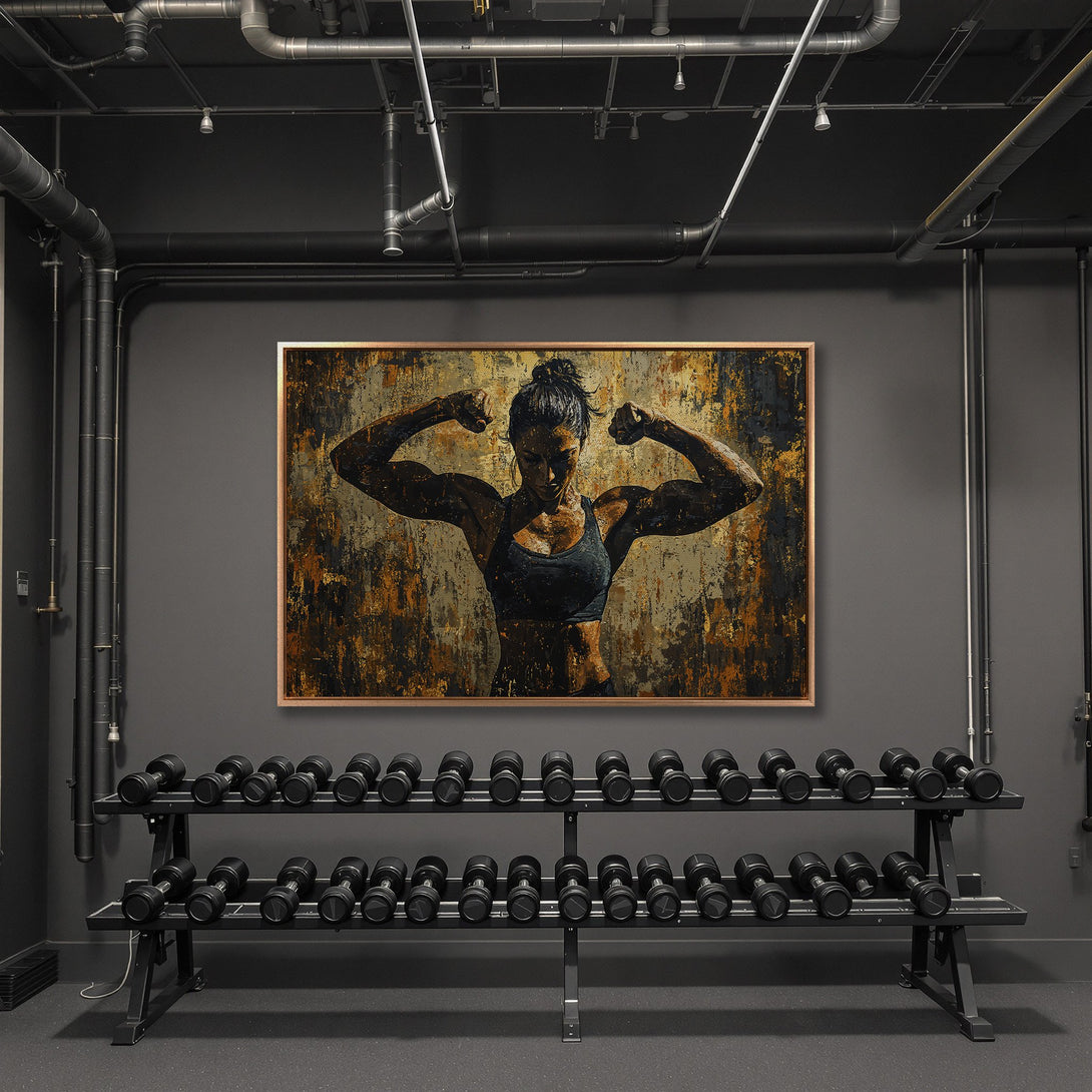 Framed Wall Art: Abstract woman flexing muscles. Earthy tones of gold, brown, and black create a powerful statement piece for your home gym or fitness space.