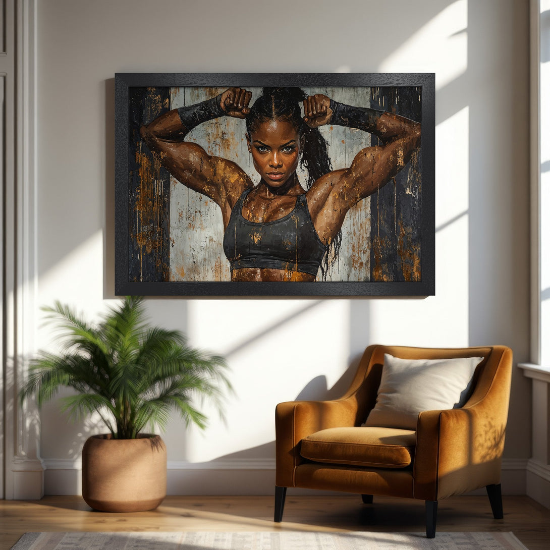 Framed Poster of a strong woman in a grunge style. Warm brown, black, and white color palette. Perfect wall art for your home.