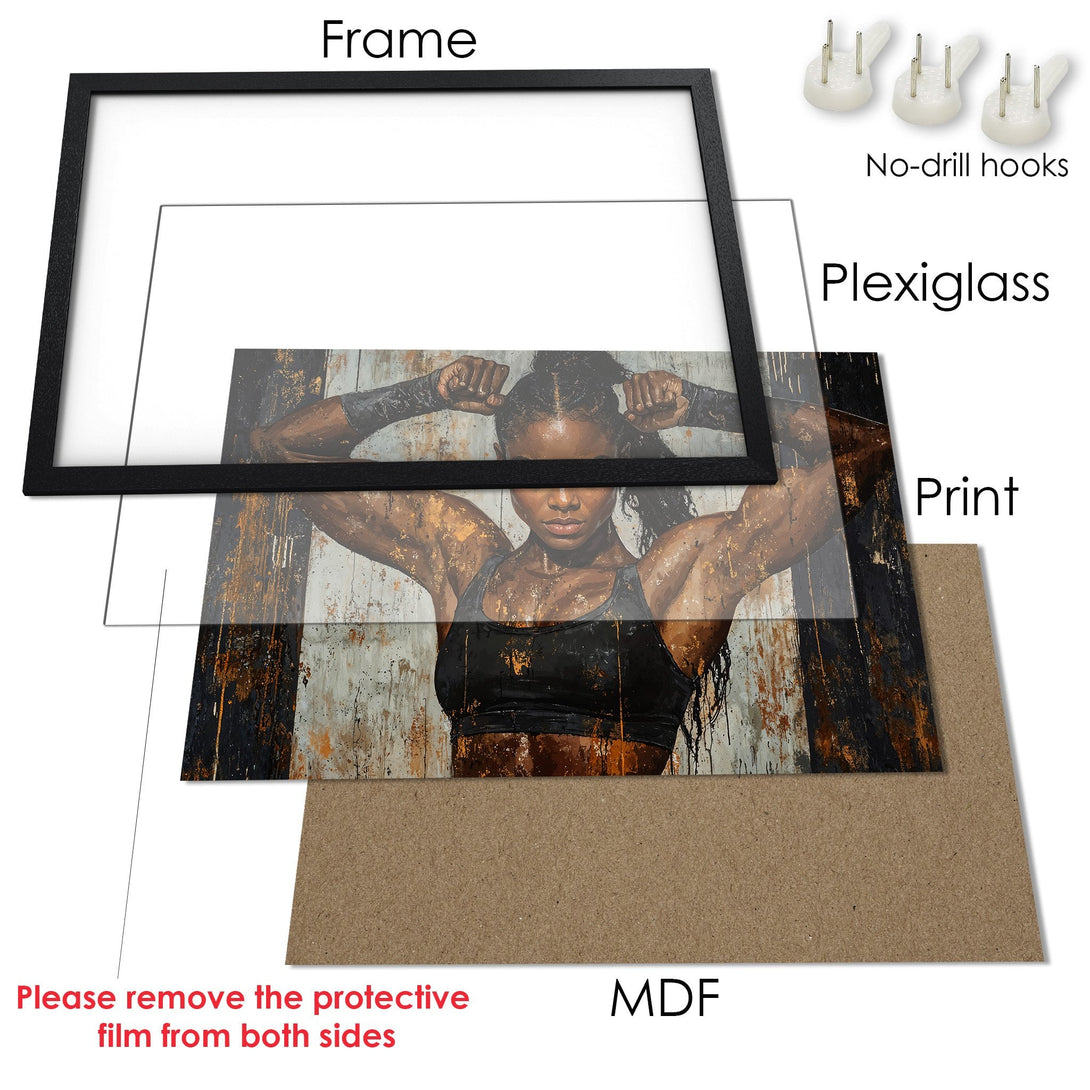 Framed Poster of a strong woman in a grunge style, with a black and gold color palette. Perfect wall art for any space!