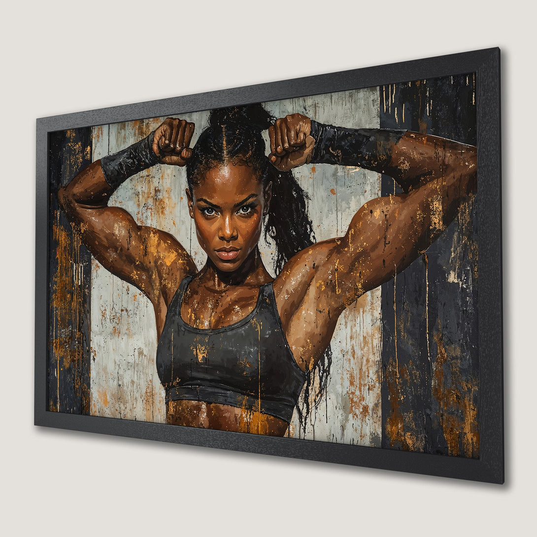Framed Poster featuring a powerful Black woman in a striking abstract style with a gold, black, and brown color palette. Perfect wall art!