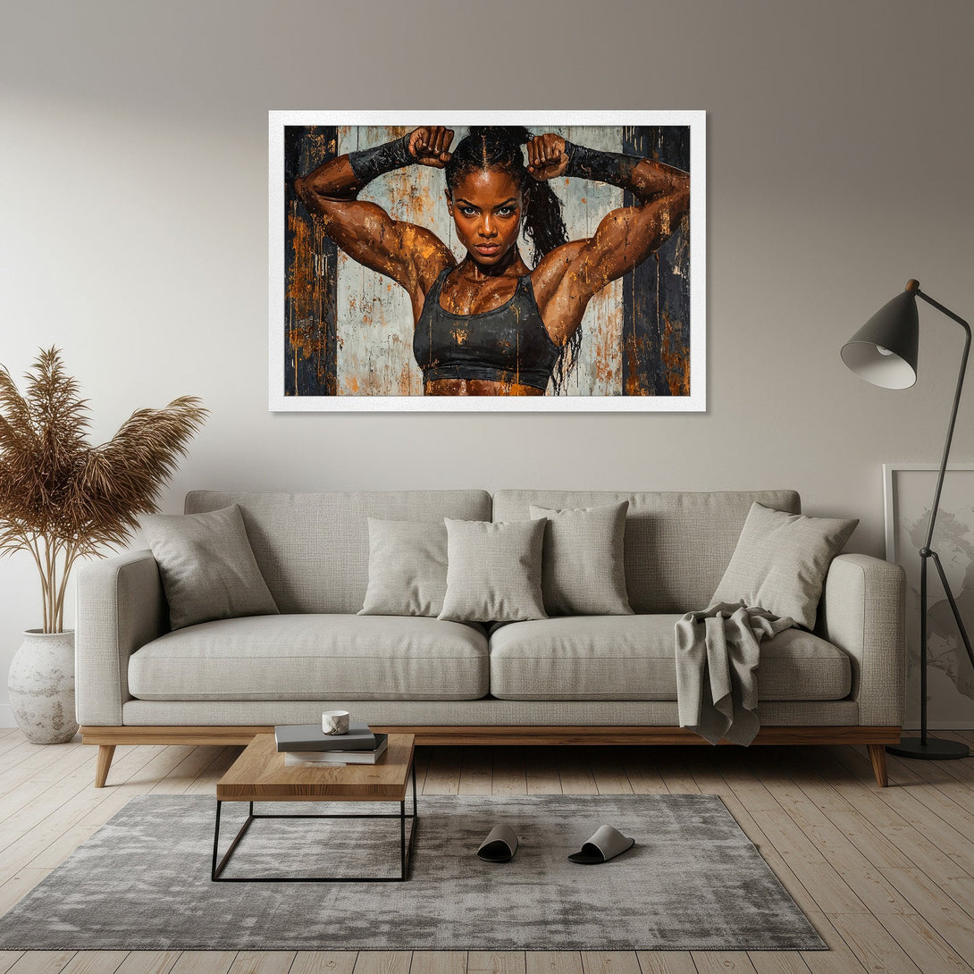 Framed Poster of a strong woman, abstract style, with a black, brown, and white color palette. Perfect for home decor.