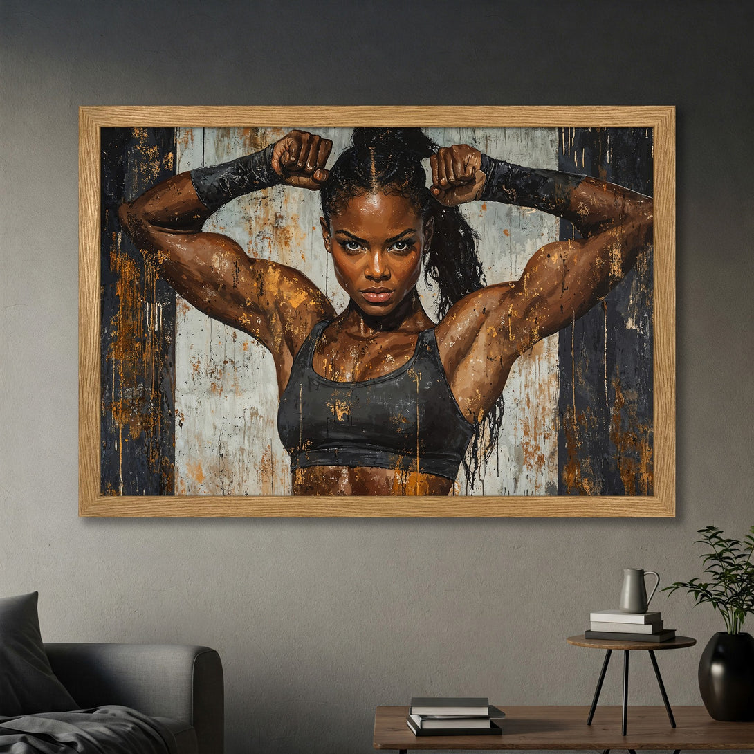 Framed Poster of strong woman with abstract art style, featuring a black, gold, and brown color palette. Perfect for gym decor!