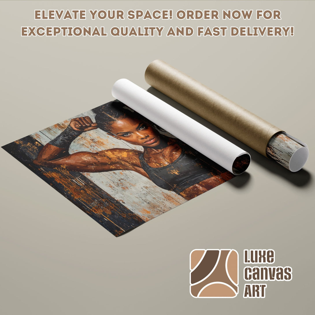 Poster Roll of a strong woman, abstract art style, with a warm, earthy color palette.
