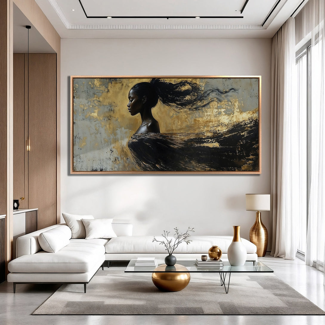 Framed Wall Art: Abstract woman portrait in gold, black, and gray. Modern canvas print adds elegance to a living room. Shop now!
