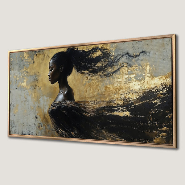 Framed Wall Art: Abstract portrait of a woman with flowing hair in gold, black, and gray tones. Modern art canvas print for elegant home decor.