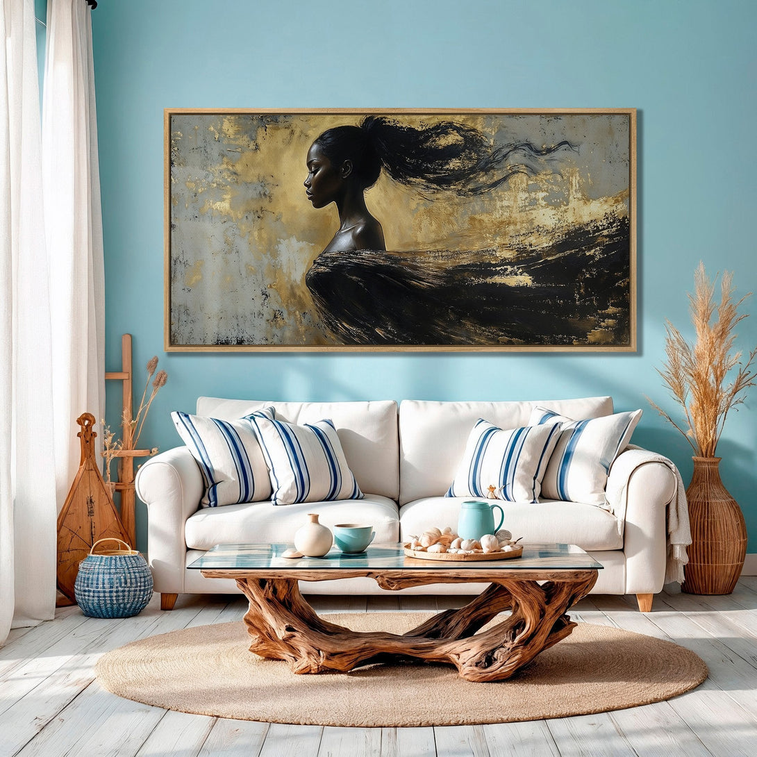 Framed Wall Art: Abstract portrait in black and gold. Modern art canvas print adds a touch of elegance to any interior with its warm color palette.