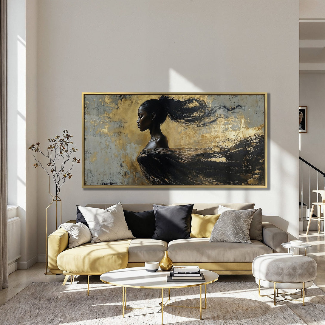 Canvas Print of a woman with flowing hair, gold and black abstract art on a canvas. Modern wall decor with a dark, moody color palette.
