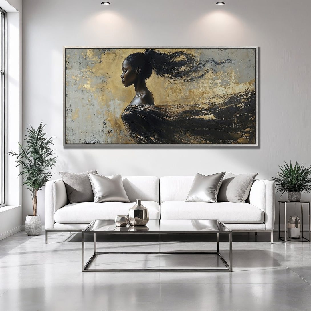 Framed Wall Art: Elegant woman portrait in black, gold, and gray. Modern abstract style Canvas Print adds sophistication to any space.
