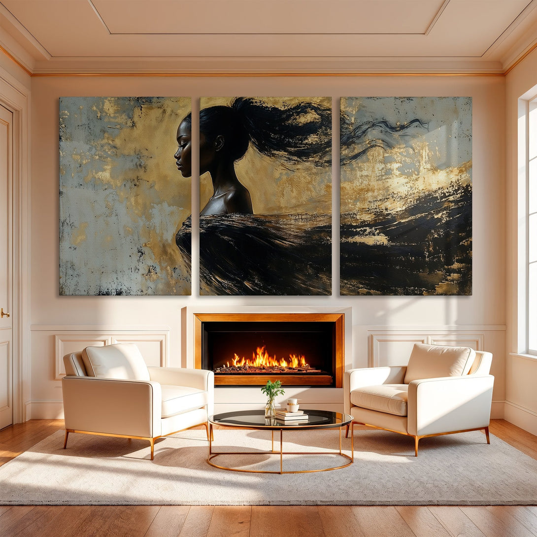 Abstract Canvas Print of a woman with flowing hair in gold, black, and gray tones. Modern wall art to elevate your space.