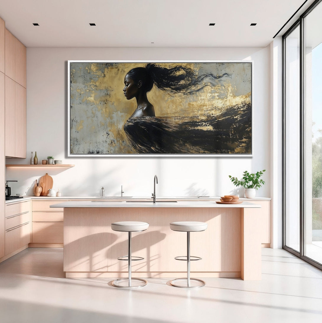 Framed Wall Art: Abstract portrait of a woman with flowing hair. Gold, black, and neutral color palette. Modern art for home decor.