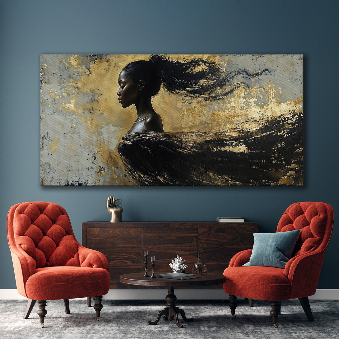 Framed Wall Art: Abstract portrait of a woman in black and gold, displayed in a modern living room. Enhance your space with this stunning canvas print.