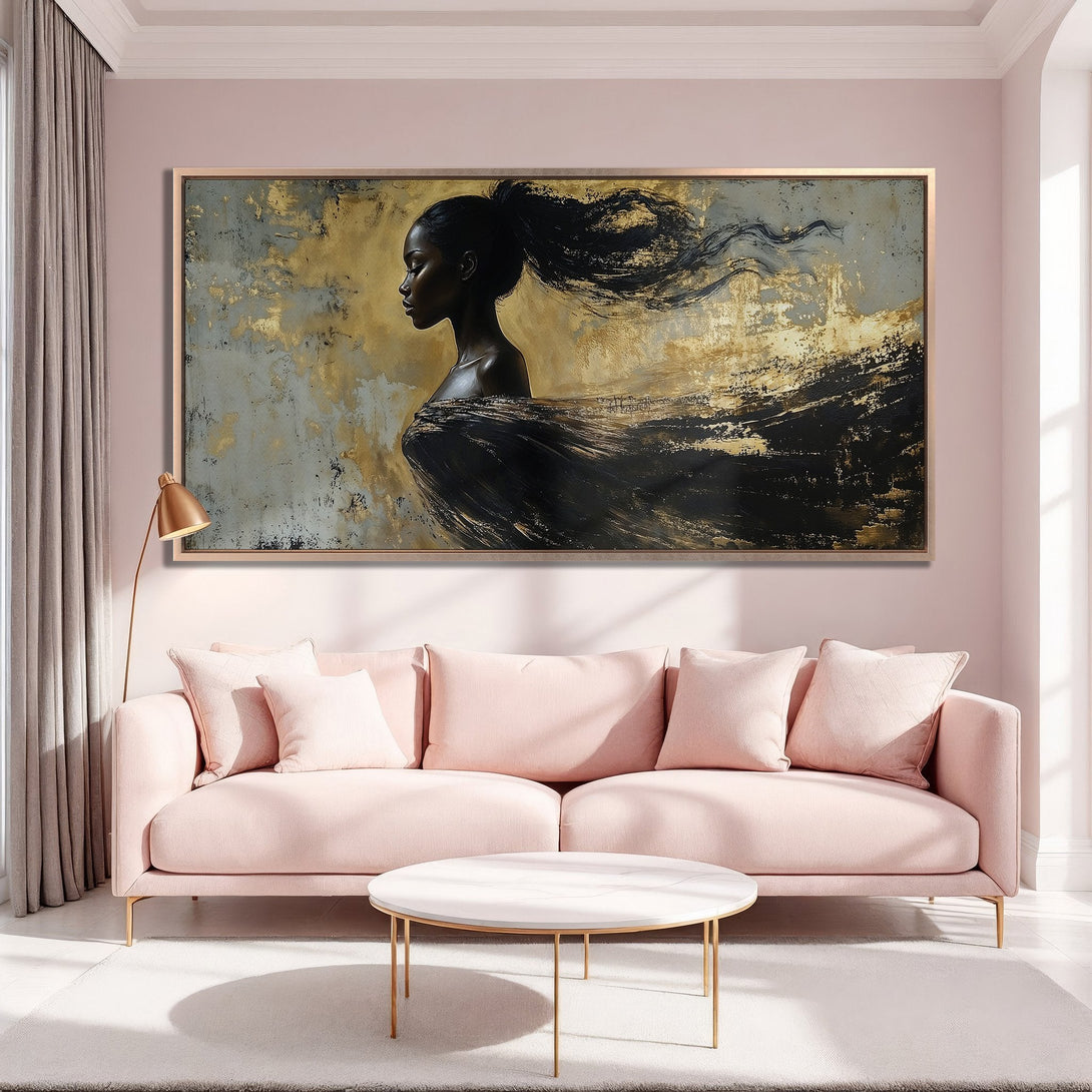 Framed Wall Art: Elegant black woman portrait with gold accents. Modern art in a blush and gold color palette. Perfect for living room decor.
