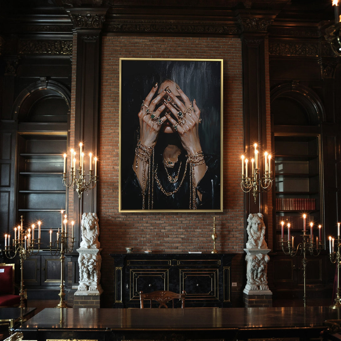 Canvas Print: Dramatic hands with emerald pendants, oil painting style. Earthy tones with black backdrop. Perfect for gothic home decor.