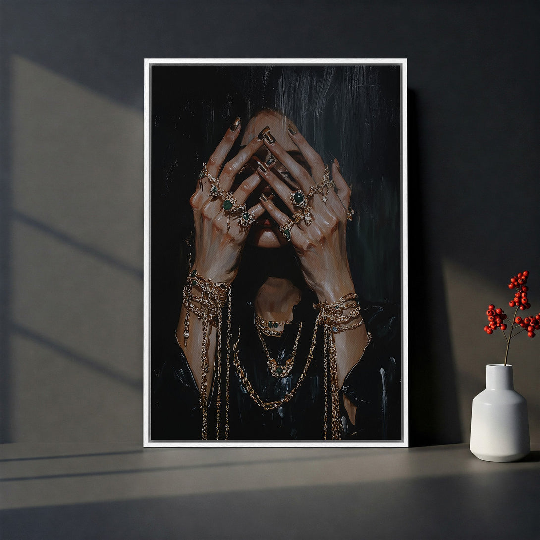 Framed Wall Art: Abstract painting of hands with emerald pendants. Earthy tones with gold accents on a dark background. Perfect for modern home decor.