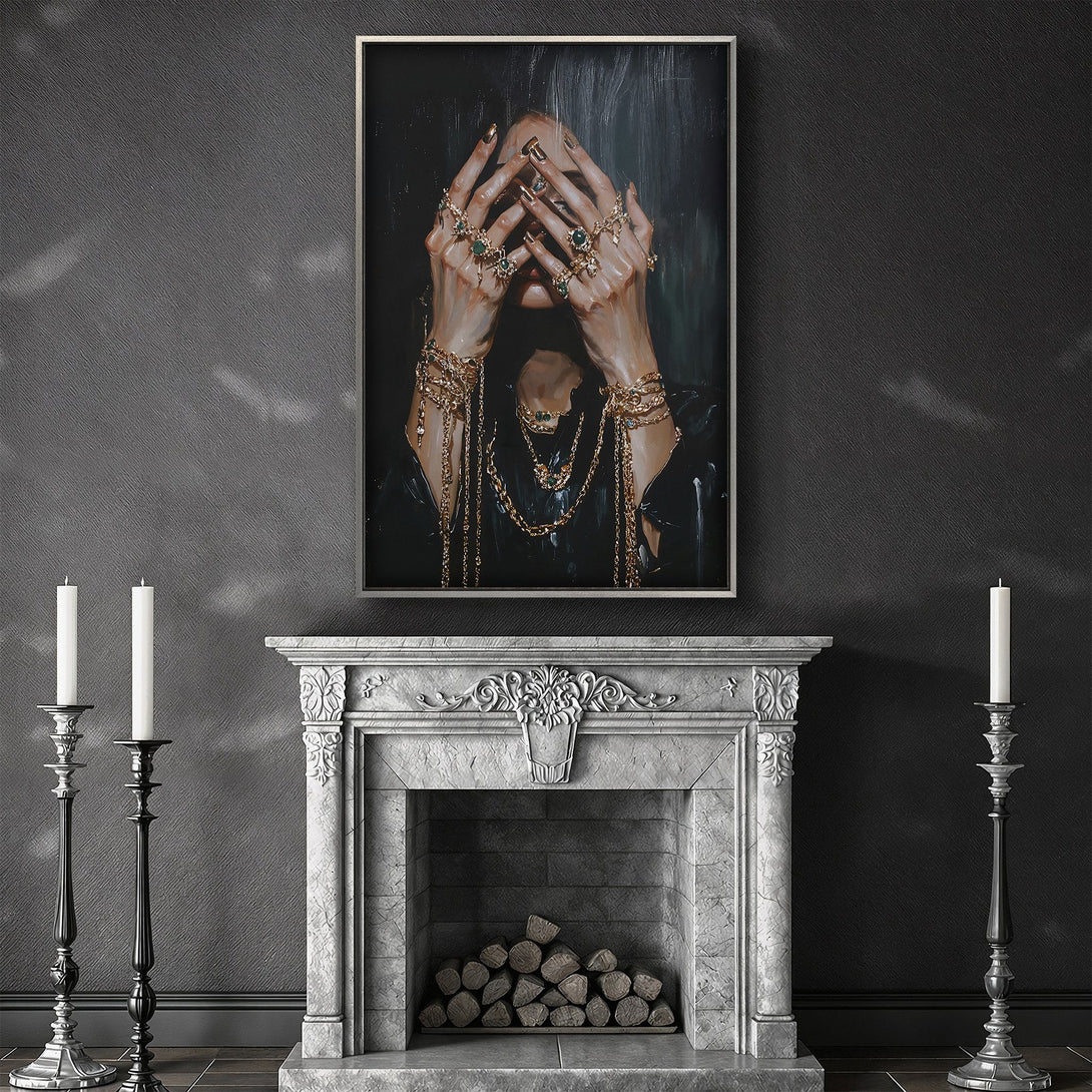 Framed Wall Art featuring hands holding emeralds. Luxurious oil painting style with a dark, moody color palette. Perfect for adding elegance to any space.