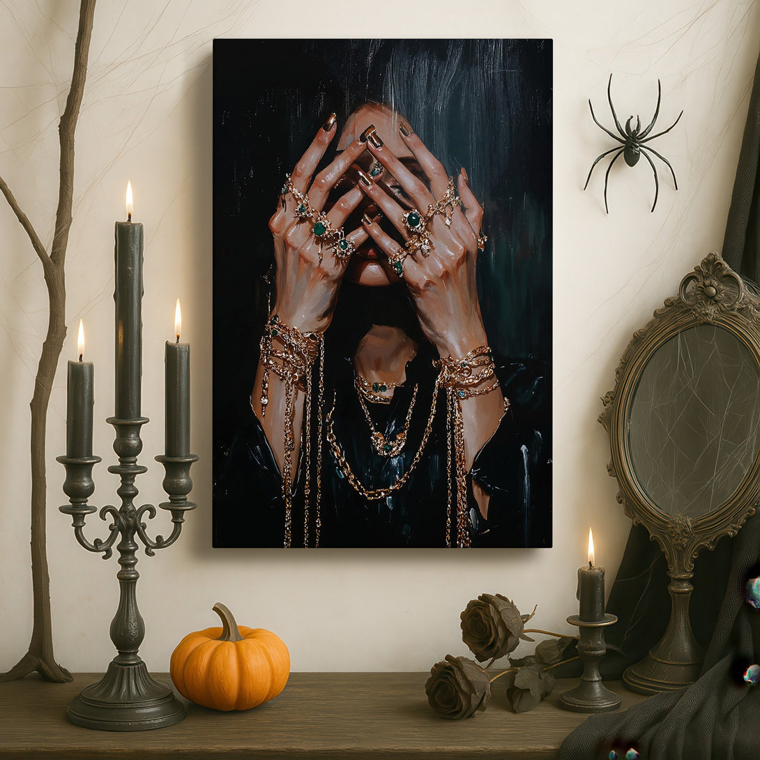 Framed Wall Art: Abstract hands with jewels in a dark, moody color palette. Perfect for adding a touch of luxury and sophistication to your space.