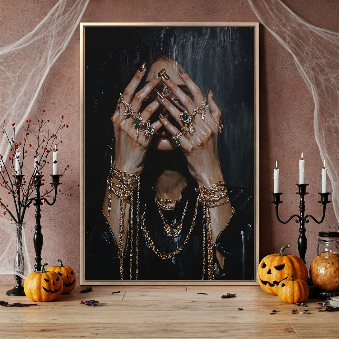 Framed Wall Art: Abstract hands with emerald jewels. Rich, dark color palette. Perfect for Halloween decor. Add a touch of mystery to your space.