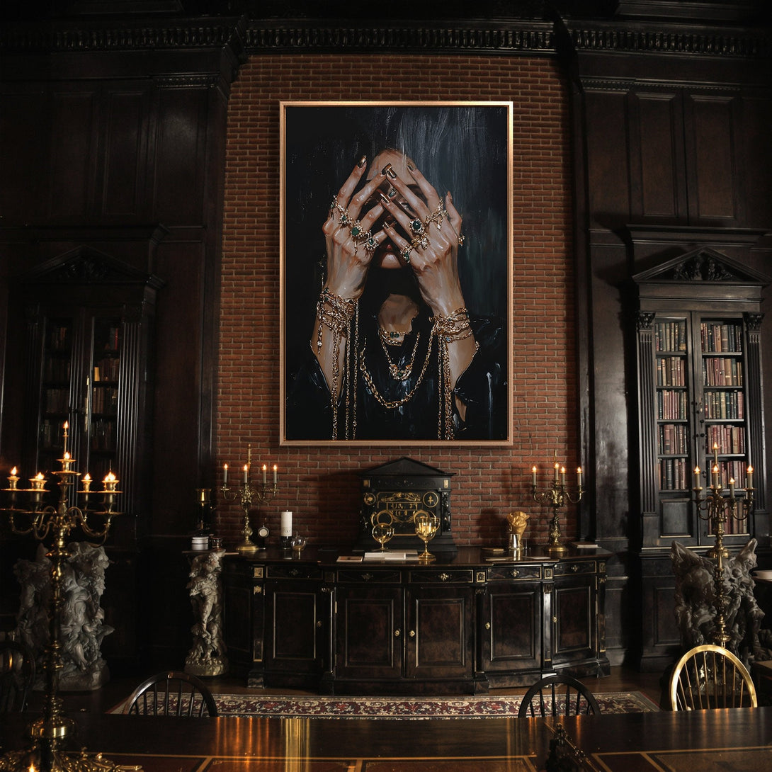 Framed Wall Art featuring hands holding emeralds, in a dark, dramatic interior. Rich, warm color palette. Perfect for luxury decor.