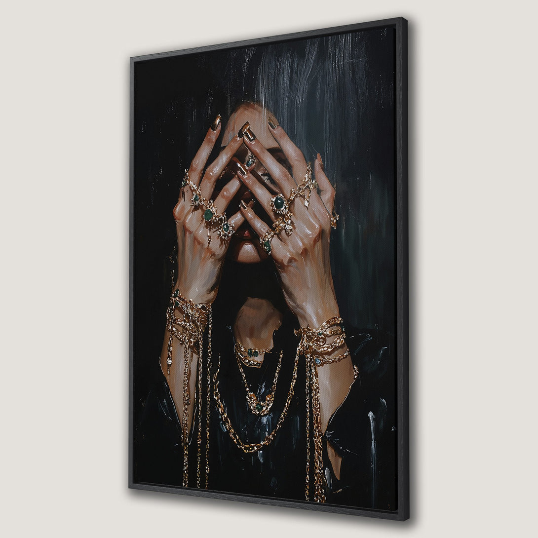 Framed Wall Art featuring an expressive oil painting of hands adorned with gold jewelry and emeralds. Dramatic black, brown, and gold color palette. Perfect for luxury decor.