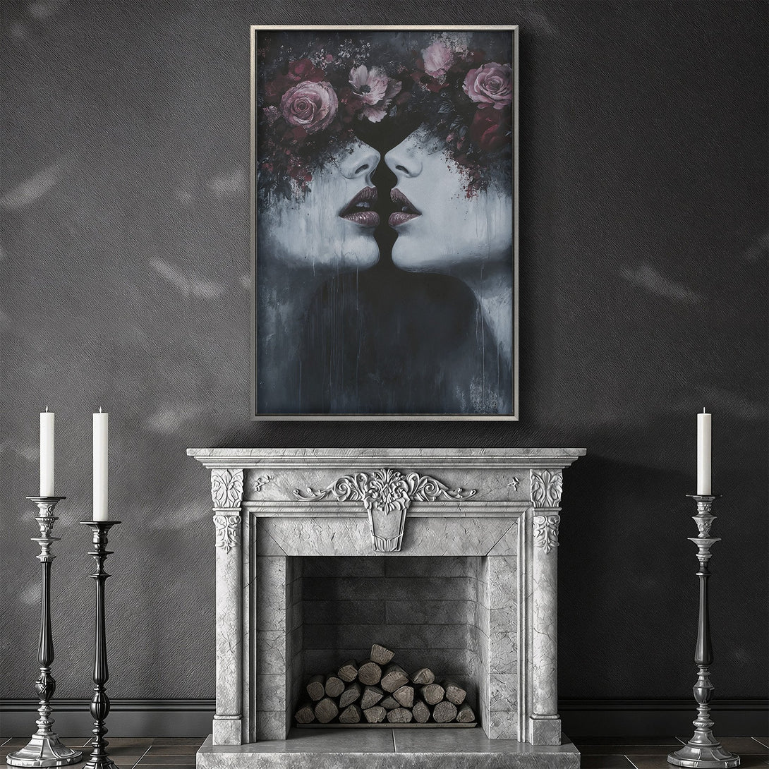 Framed Wall Art featuring a romantic, abstract portrait with a floral crown and dark, moody color palette. Perfect for adding elegance to any space.