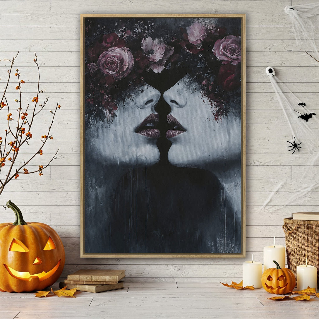 Framed Wall Art: Abstract portrait with a dark, moody color palette. Features two faces with floral accents. Perfect for adding a touch of mystery.