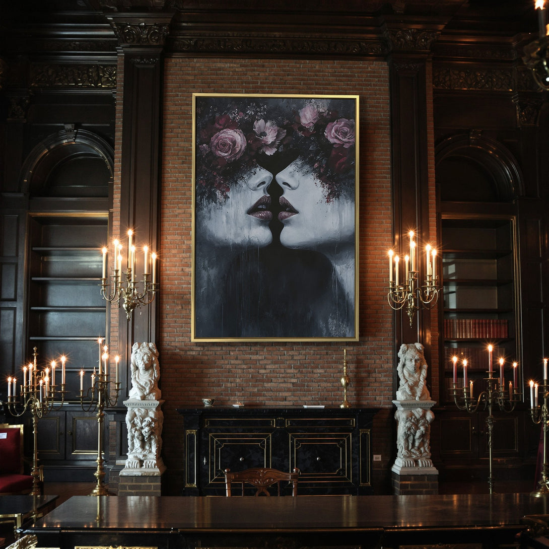 Canvas Print featuring a surreal portrait of kissing faces with floral elements, in a dark and moody color palette of blacks, grays, and burgundy.