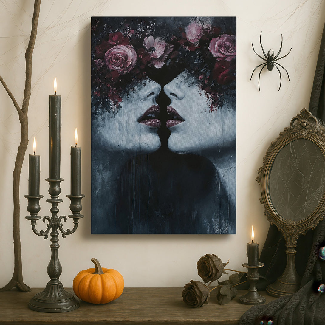 Framed Wall Art: Romantic kiss faces with floral crown, displayed in a luxurious interior. Dark, moody color palette with pops of burgundy and gold. Elevate your space!
