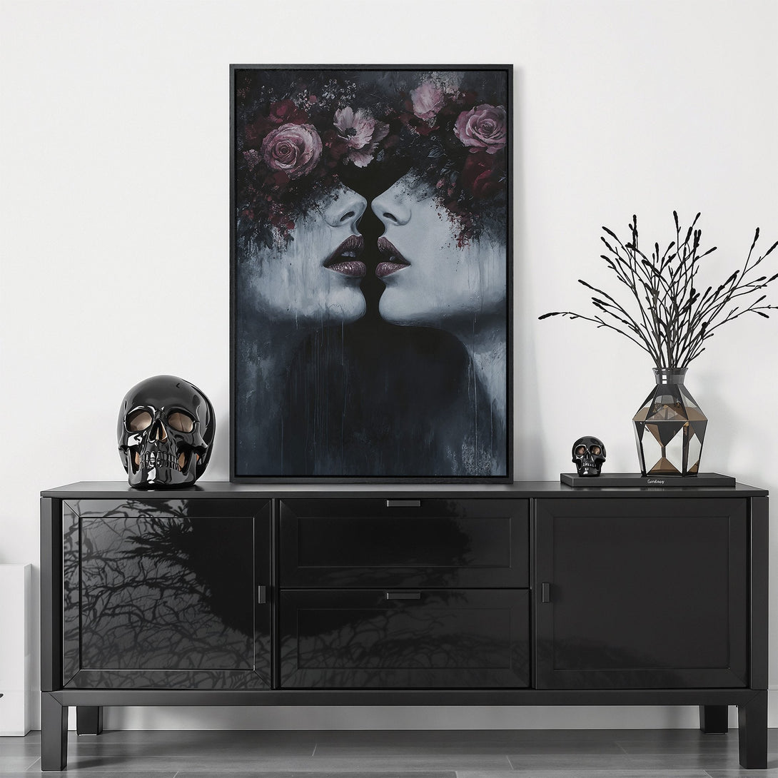 Framed Wall Art: Dramatic portrait of kissing faces with floral crown. Dark, moody aesthetic with a grayscale and burgundy color palette. Elevate your space!