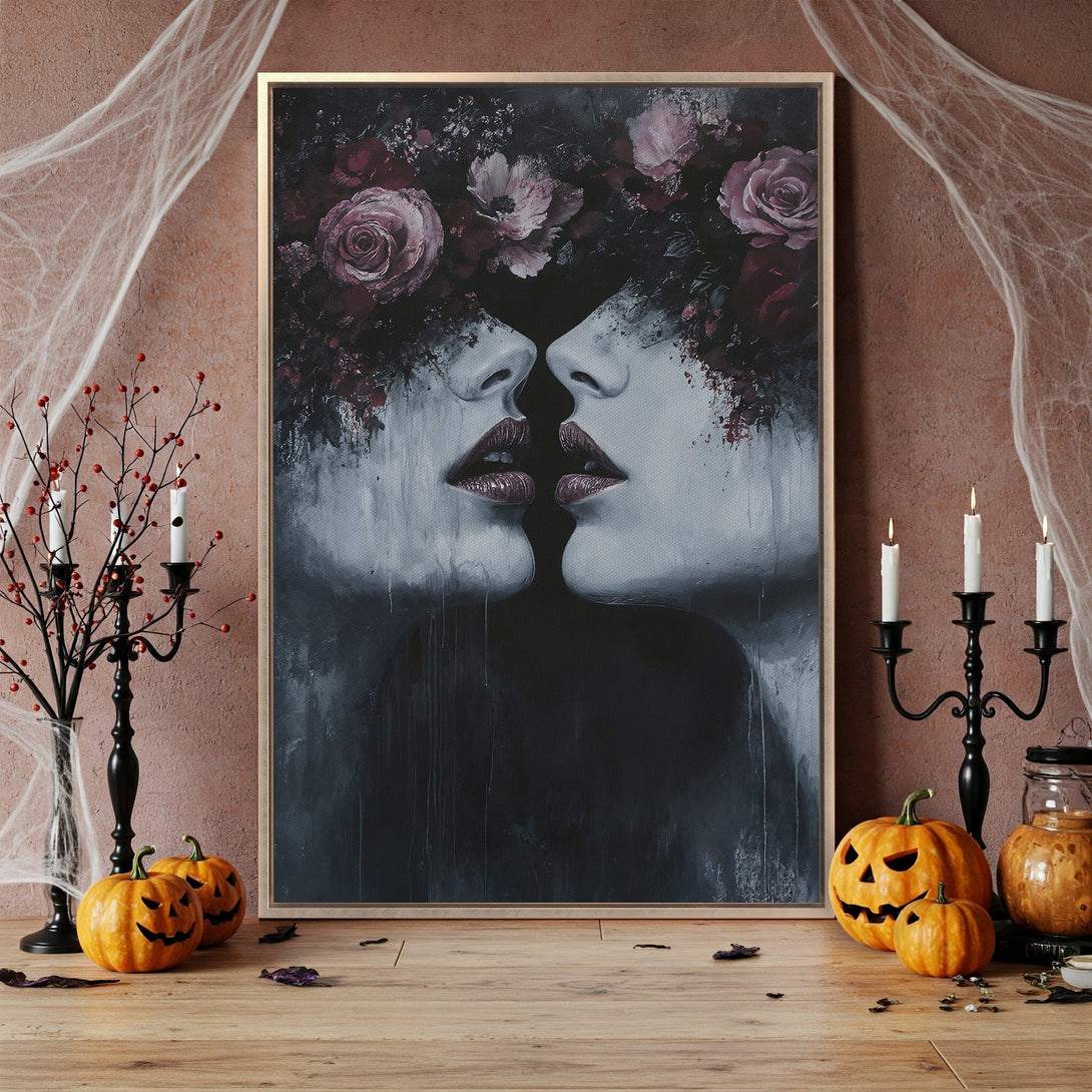 Framed Wall Art featuring a surreal kiss with floral accents. Dark, moody color palette. Perfect Halloween decor.