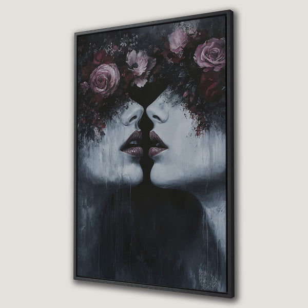 Framed Wall Art featuring a romantic abstract portrait of two faces kissing, with floral accents. Dark, moody color palette with red and grey tones.