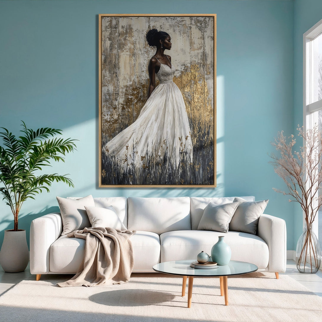 Framed Wall Art of elegant woman in white dress, gold and neutral tones. Perfect for modern home decor. Canvas Print.