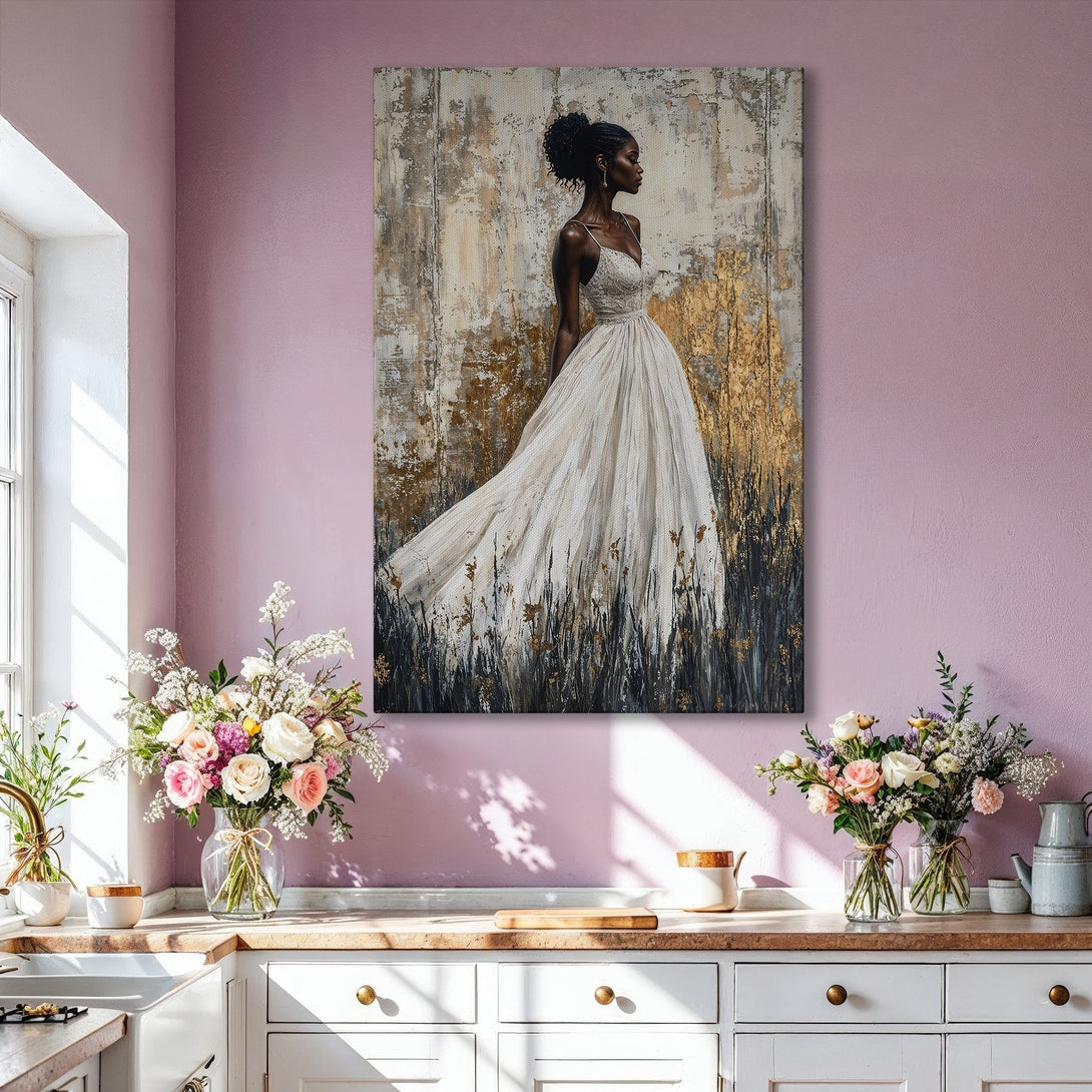 Framed Wall Art: Elegant woman in white dress, gold and neutral color palette. Modern abstract art for living room decor.