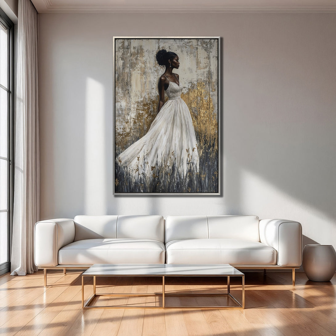 Framed Wall Art: Elegant woman in white dress, abstract style, gold & neutral tones. Perfect for modern decor. Shop our Canvas Print collection today!