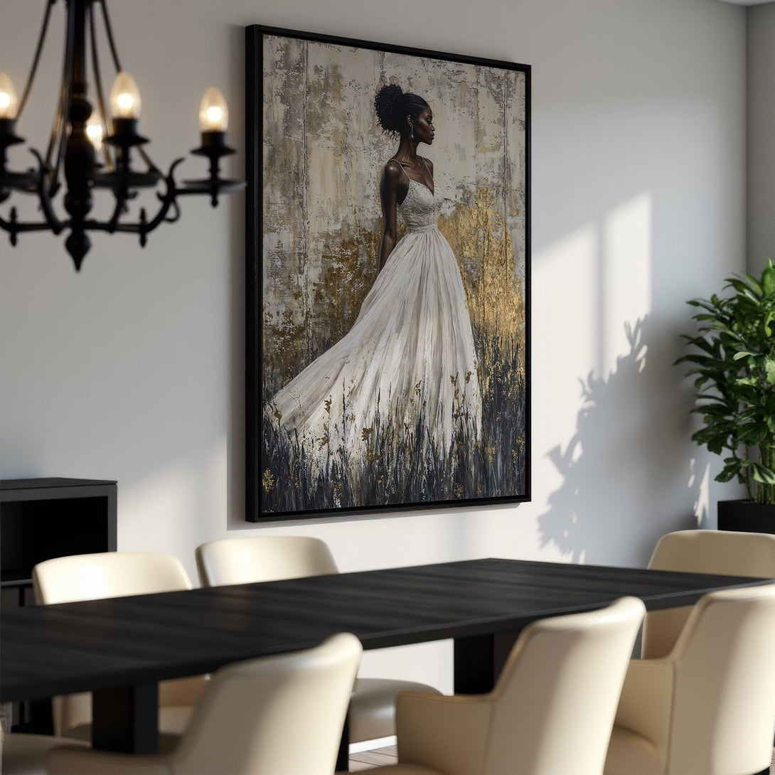 Framed Wall Art: Elegant woman in white dress, abstract style, gold and neutral color palette. Perfect for dining room decor. Shop now!